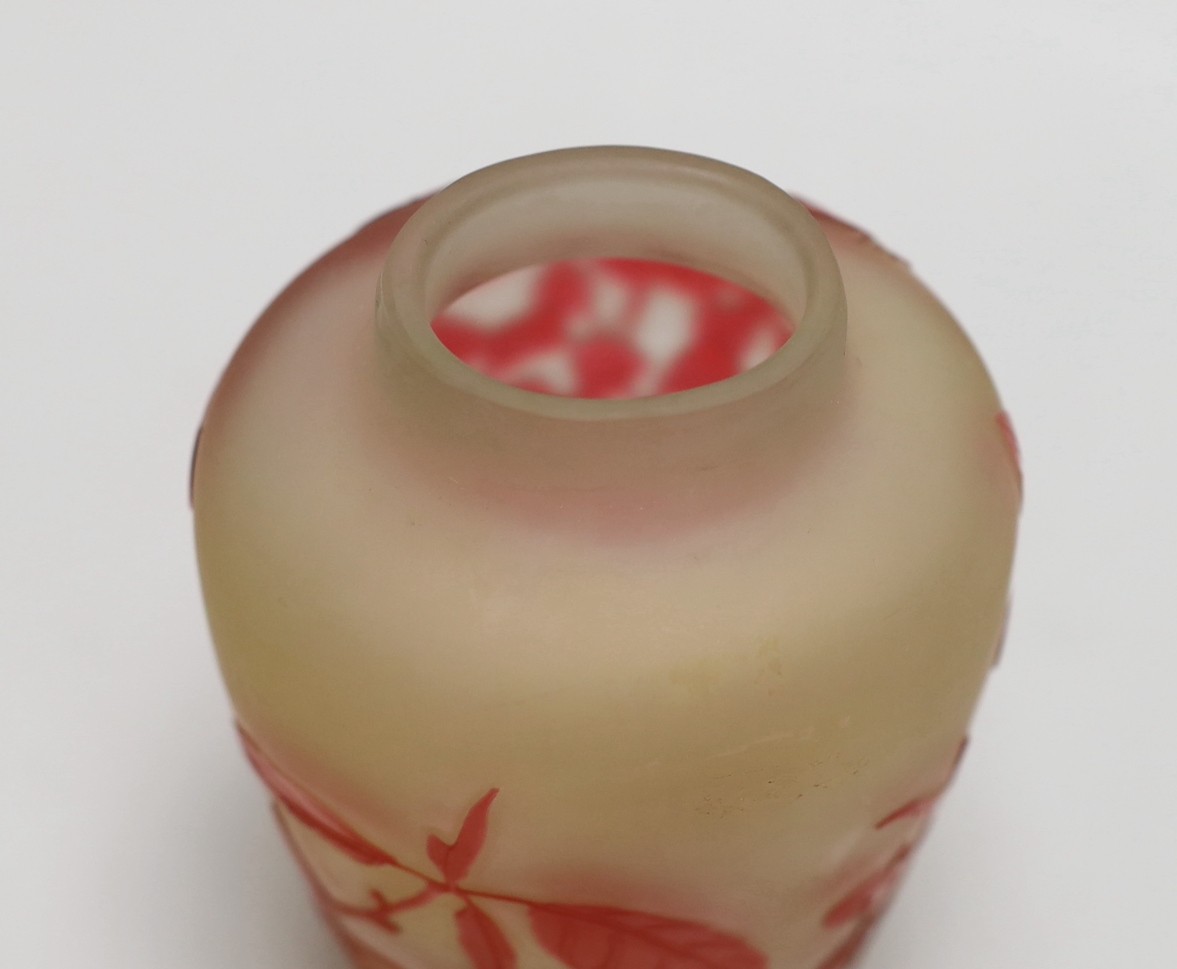 A Galle pink cameo glass vase with floral decoration, c.1910, 12cm high